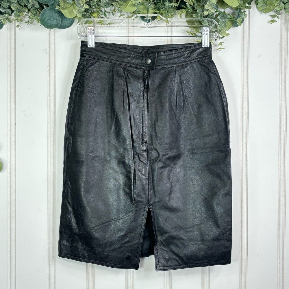 Perspective Midi Leather Skirt size 7 Vintage High Waist Front Slit Grunge